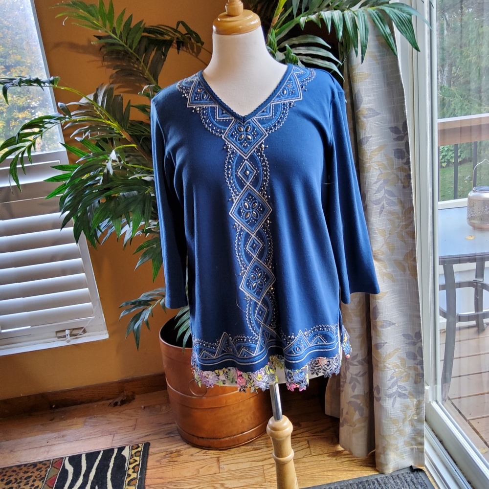 Alfred Dunner Blue Embroidered 3/4 Sleeve Boho Top